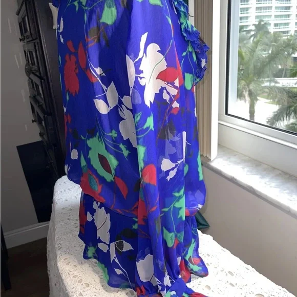 George Blue Floral Sheer Ruffled Blouse Deep V Neck , Size Medium - Picture 3 of 6